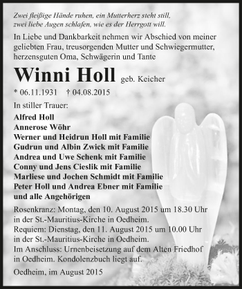 Traueranzeige von Winni Holl 