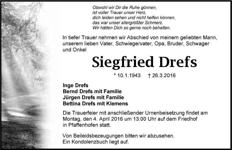  Traueranzeige für Siegfried Drefs vom 31.03.2016 aus 