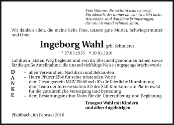 Traueranzeige von Ingeborg Wahl 