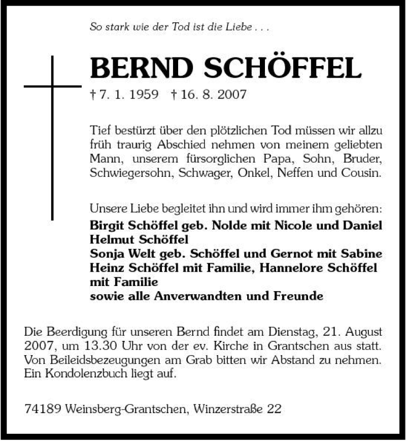  Traueranzeige für Bernd Schöffel vom 18.08.2007 aus 