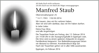 Traueranzeige von Manfred Staub 