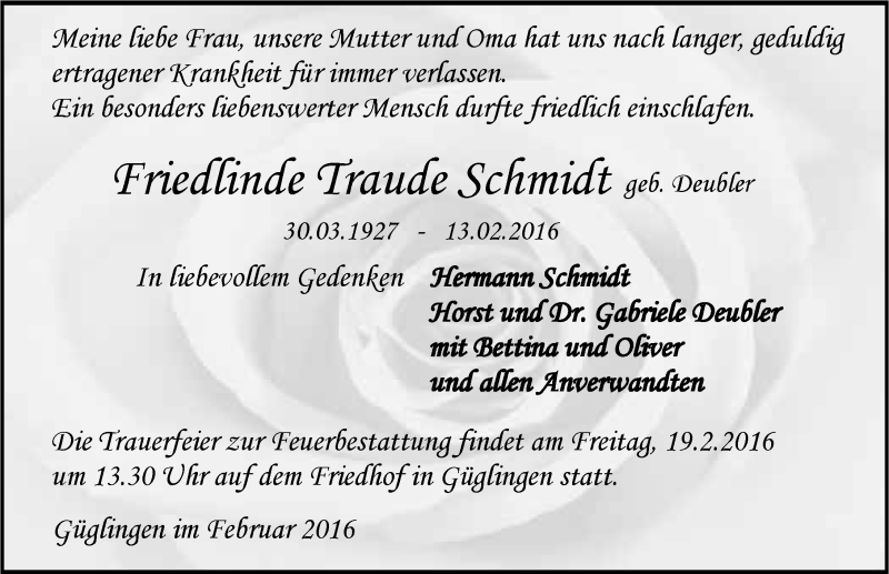  Traueranzeige für Friedlinde Traude Schmidt vom 16.02.2016 aus 