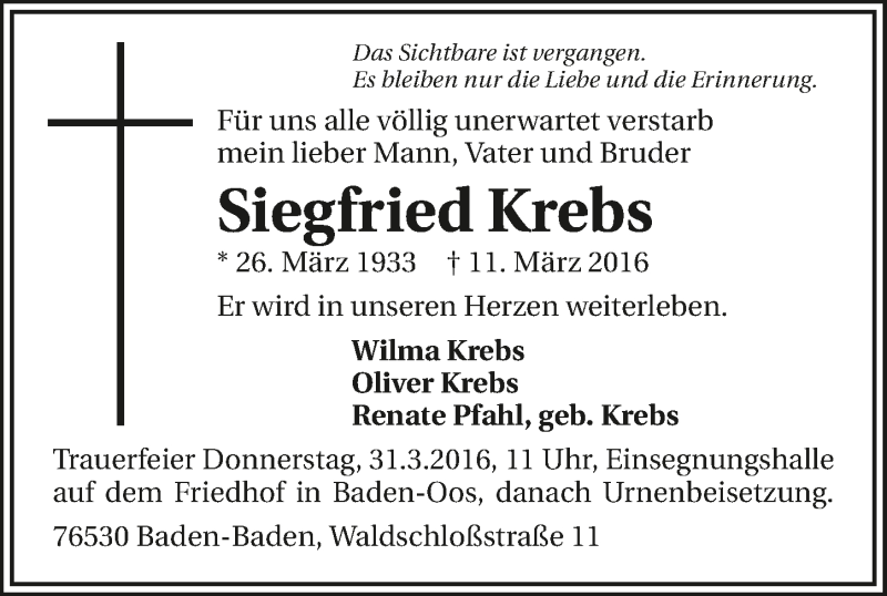  Traueranzeige für Siegfried Krebs vom 30.03.2016 aus 