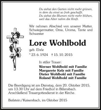 Traueranzeige von Lore Wohlbold 