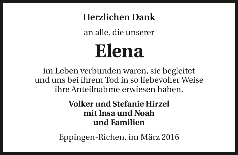  Traueranzeige für Elena Hirzel vom 30.03.2016 aus 