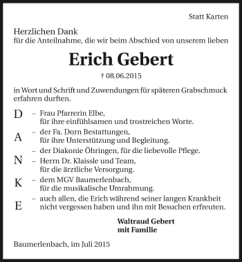 Traueranzeige von Erich Gebert 