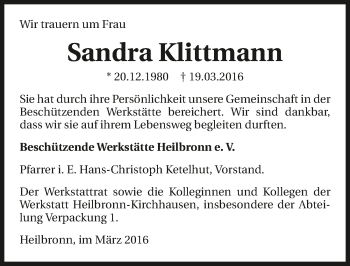 Traueranzeige von Sandra Klittmann 