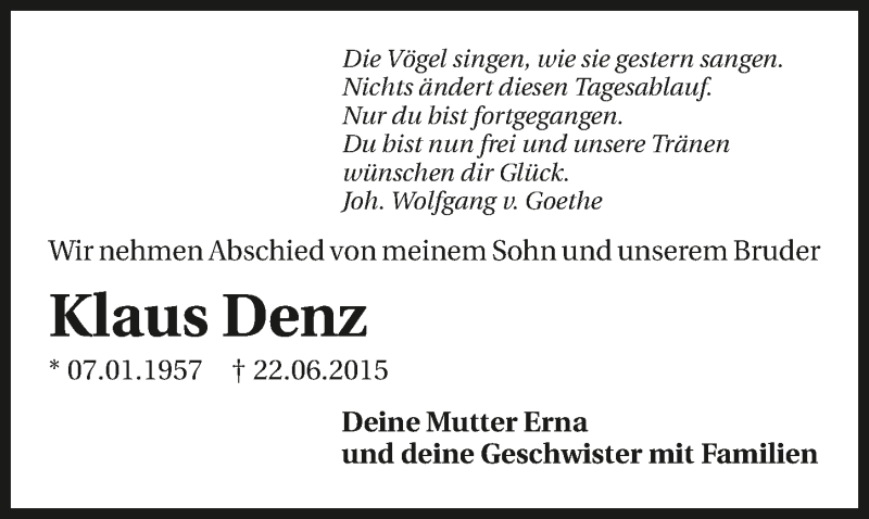  Traueranzeige für Klaus Denz vom 03.07.2015 aus 