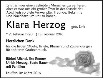 Traueranzeige von Klara Herzog 