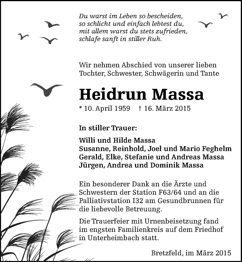  Traueranzeige für Heidrun Massa vom 28.03.2015 aus 