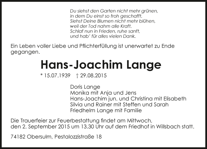 Traueranzeige für Hans-Joachim Lange vom 31.08.2015 aus 