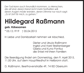 Traueranzeige von Hildegard Raßmann 