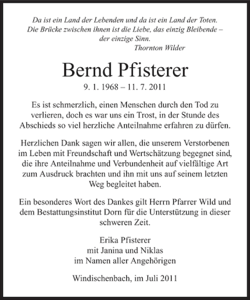  Traueranzeige für Bernd Pfisterer vom 30.07.2011 aus 
