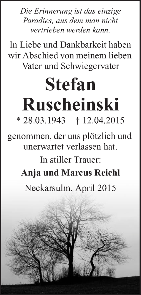  Traueranzeige für Stefan Ruscheinski vom 27.04.2015 aus 