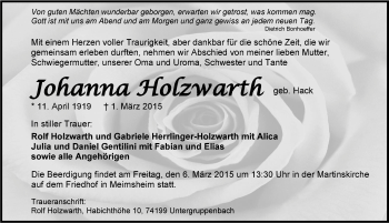 Traueranzeige von Johanna Holzwarth 