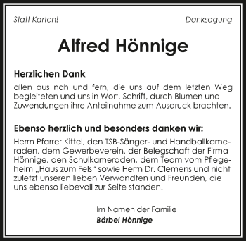 Traueranzeige von Alfred Hönnige 