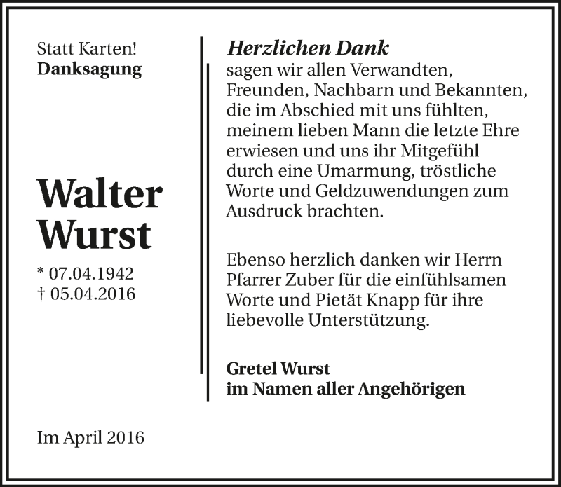  Traueranzeige für Walter Wurst vom 23.04.2016 aus 