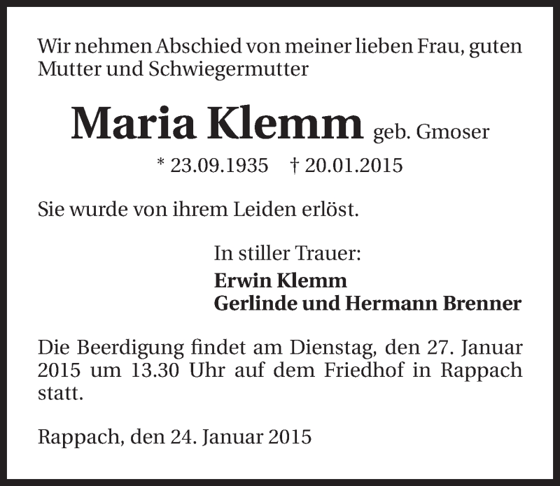  Traueranzeige für Maria Klemm vom 24.01.2015 aus 
