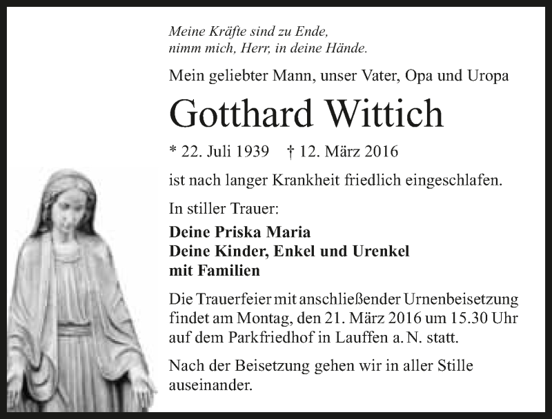  Traueranzeige für Gotthard Wittich vom 17.03.2016 aus 