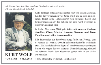 Traueranzeige von Kurt Wolf 