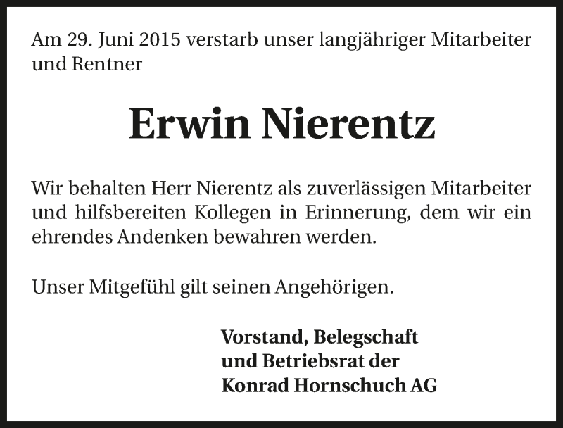  Traueranzeige für Erwin Nierentz vom 08.07.2015 aus 