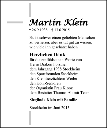 Traueranzeige von Martin Klein 