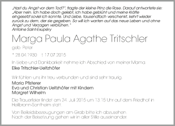 Traueranzeige von Marga Paula Agathe Tritschler 