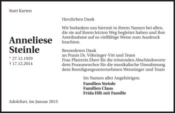 Traueranzeige von Anneliese Steinle 