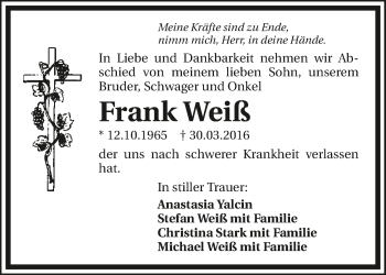 Traueranzeige von Frank Weiß 