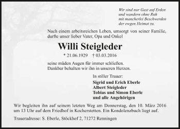 Traueranzeige von Willi Steigleder 