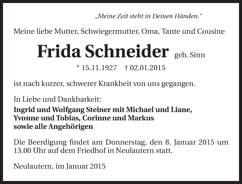  Traueranzeige für Frida Schneider vom 05.01.2015 aus 