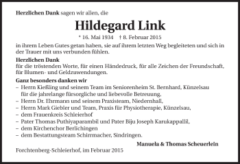 Traueranzeige von Hildegard Link 