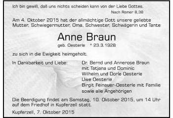Traueranzeige von Anne Braun 