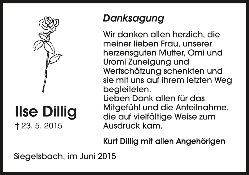  Traueranzeige für Ilse Dillig vom 17.06.2015 aus 