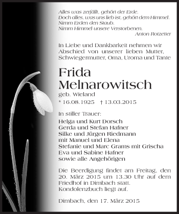 Traueranzeige von Frida Melnarowitsch 