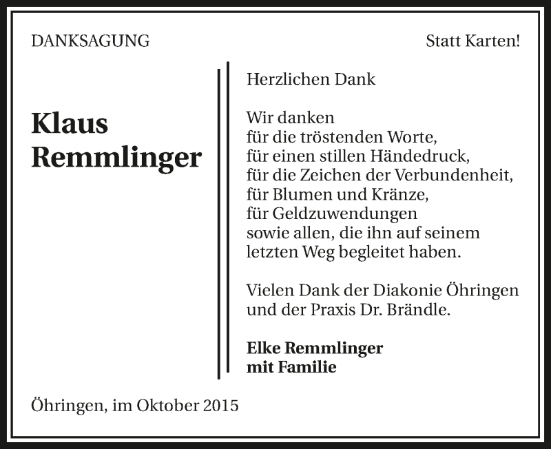  Traueranzeige für Klaus Remmlinger vom 24.10.2015 aus 