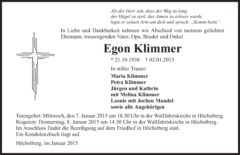  Traueranzeige für Egon Klimmer vom 07.01.2015 aus 