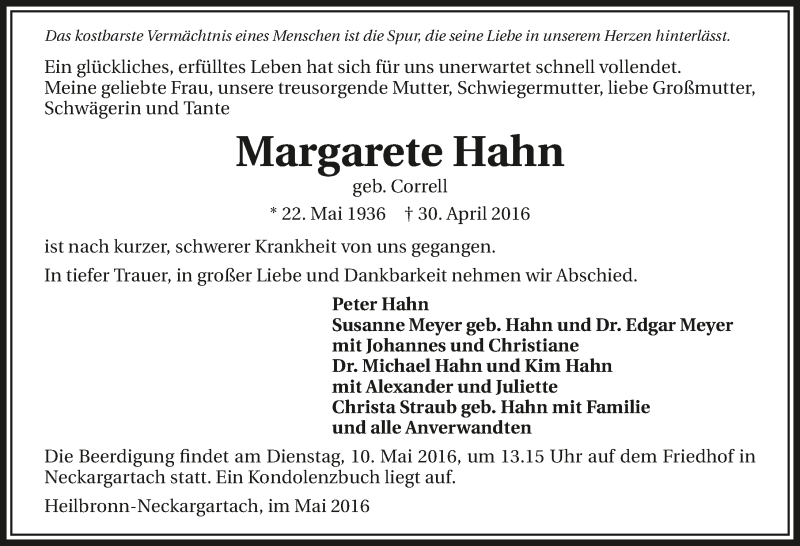  Traueranzeige für Margarete Hahn vom 04.05.2016 aus 