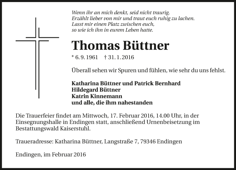  Traueranzeige für Thomas Büttner vom 15.02.2016 aus 