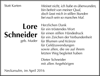 Traueranzeige von Lore Schneider 