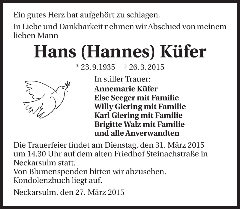 Traueranzeige für Hans Küfer vom 28.03.2015 aus 