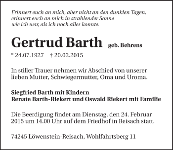 Traueranzeige von Gertrud Barth 