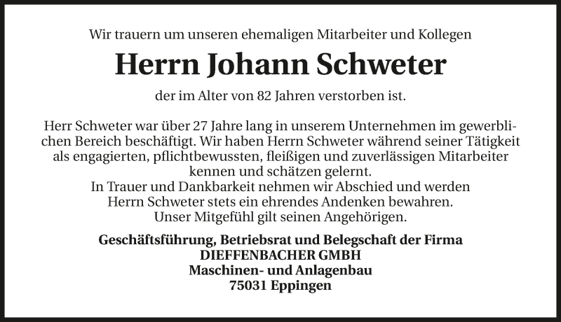  Traueranzeige für Johann Schweter vom 03.03.2016 aus 