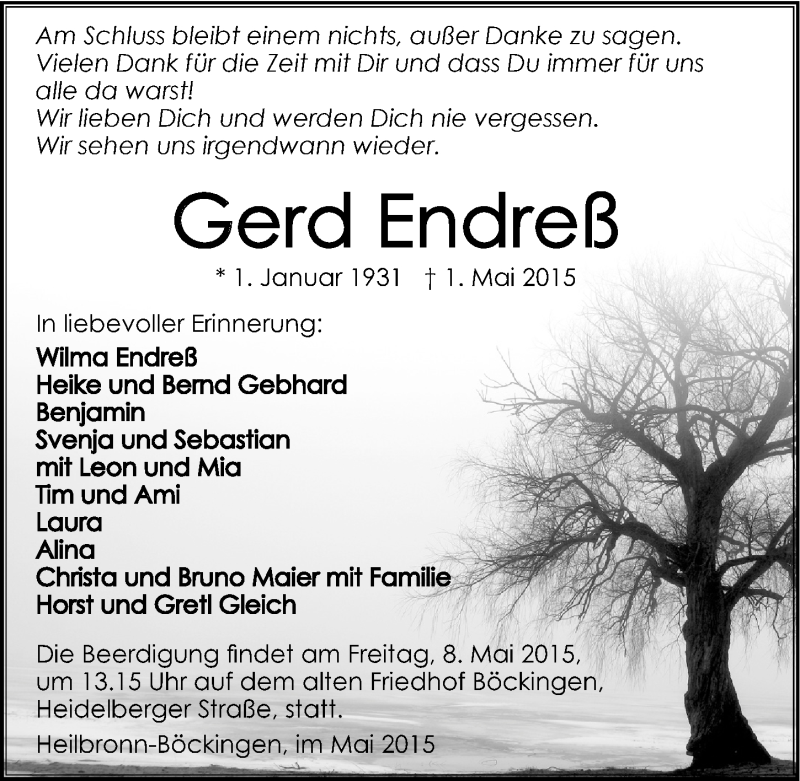  Traueranzeige für Gerd Endreß vom 05.05.2015 aus 