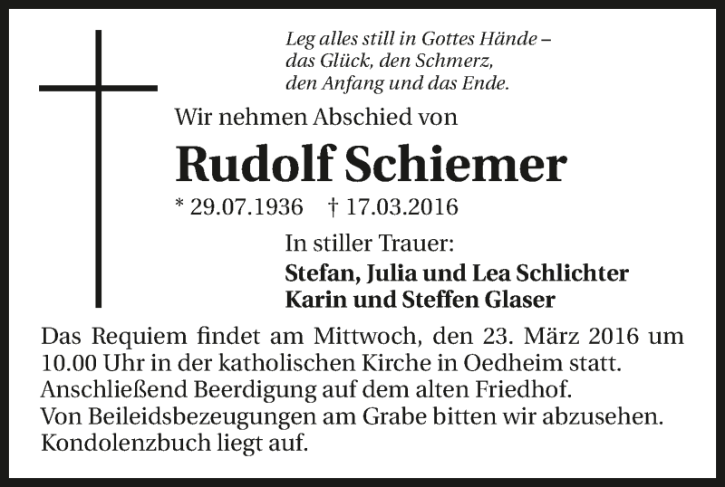  Traueranzeige für Rudolf Schiemer vom 19.03.2016 aus 