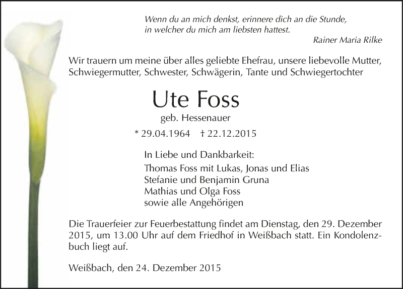  Traueranzeige für Ute Foss vom 24.12.2015 aus 