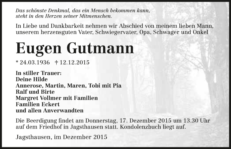  Traueranzeige für Eugen Gutmann vom 14.12.2015 aus 