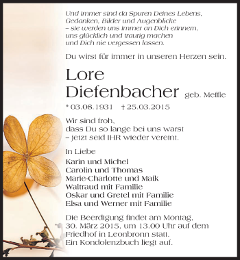 Traueranzeige von Lore Diefenbacher 