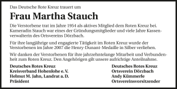 Traueranzeige von Martha Stauch 