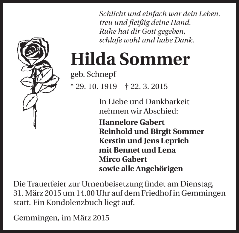  Traueranzeige für Hilda Sommer vom 27.03.2015 aus 